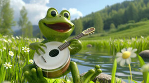Cartoon frog strumming a banjo in a vibrant countryside setting is in the wallpaper file named Cheerful Frog Musician.jpg