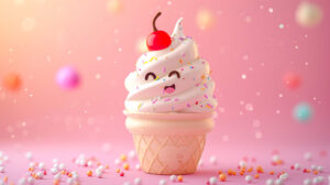 Cheerful cartoon ice cream character with smile sprinkles cherry on top against vibrant background. File cheerful ice cream wallpaper.jpg