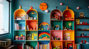 Colorful and whimsically designed childrens wallpaper showcasing a bookshelf filled with picture books and toys