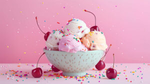 Colorful ice cream scoops adorned with sprinkles cherries and whipped cream in a bowl showcased against a soft pastel backdrop