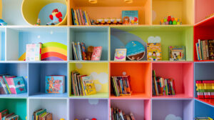 Colorful wallpaper featuring a whimsically designed childrens bookshelf adorned with picture books and toys