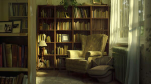 Discover a charming corner adorned with a collection of beloved paperbacks nestled on a bookshelf complemented by a cozy chair close by