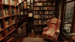 Discover a charming little corner featuring a bookshelf overflowing with beloved paperbacks accompanied by a snug chair ready for hours of comfortable reading