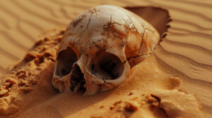 Discover a partially buried skull in the sandy remnants of a historic desert exhibiting a weathered appearance with visible cracks