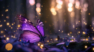 Discover an enchanting wallpaper featuring a purple butterfly embraced by twinkling fairy lights within a mystical forest backdrop