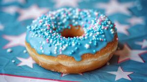 Donut with blue icing and star shaped sprinkles on a patriotic themed background is named Patriotic Delight