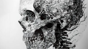 Download the file A detailed black and white sketch of a human skull with intricate shading and highlights showcased as wallpaper