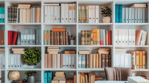 Enhance your home office with a carefully arranged bookshelf filled with books files and decorative pieces adding a touch of professionalism with a personal flair