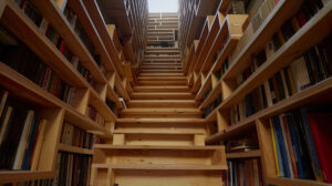 Enhancing both utility and visual appeal a staircase conceals a built in bookshelf on the steps creating a harmonious fusion of function and beauty