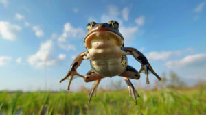 Frog caught mid jump against a backdrop of a clear blue sky and grassy field in wallpaper.jpg