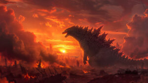 Godzilla achieves triumph in the midst of a smoking battlefield under a sunsets orange glow creating a captivating wallpaper victorious Godzilla ruined battlefield sunset glow.jpg