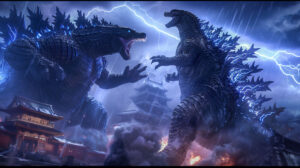 Godzilla battling another kaiju in a dynamic, action packed scene with lightning flashing overhead