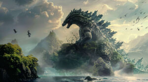 Godzilla calmly lounging on a secluded island with birds roosting on its back set against a serene sea wallpaper.jpg