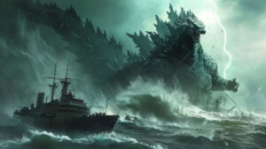 Godzilla emerging from the ocean, with massive waves crashing and ships tossed about in the turmoil