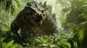 Godzilla in a tropical jungle, with lush greenery and exotic plants contrasting with its rugged, scaly skin