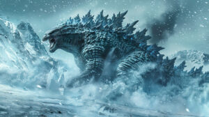 Godzilla rampaging through a snowy landscape, with ice and snow scattering in its wake