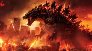 Godzilla roaring on a city skyline, with skyscrapers crumbling around and flames lighting up the night