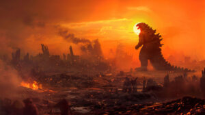 Godzilla standing victorious on a smoking, ruined battlefield, with a sunset casting an orange glow