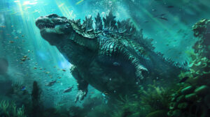 Godzilla swimming underwater surrounded by marine life and sunlight beams breaking through the waters surface in a wallpaper