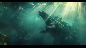 Godzilla swimming underwater surrounded by marine life with sunlight beams shining through the water wallpaper