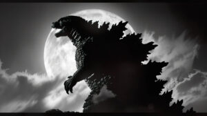 Godzillas silhouette in black and white stands out dramatically against the backdrop of a full moon making for an iconic wallpaper