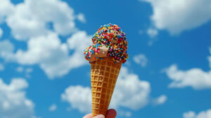 Imagine a picturesque scene capturing a waffle cone dipped in chocolate adorned with rainbow sprinkles set against a vibrant summer sky