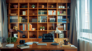 In a home office a bookshelf is neatly arranged with books files and decorative items creating a professional yet personal ambiance