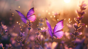 In the image two graceful purple butterflies dance together in the air while wildflowers create a soft blurred backdrop in the background of the wallpaper