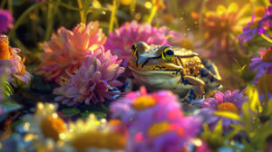 In the wallpaper Frog among vibrant flowers camouflaged in lush garden backdrop.jpg natures harmony is beautifully captured