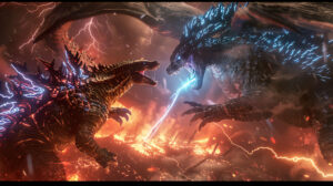 In the wallpaper Godzilla engages in an intense battle with another kaiju amidst flashing lightning overhead