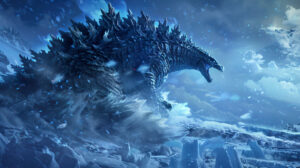 In the wallpaper Godzilla storms through a winter wonderland sending ice and snow flying all around