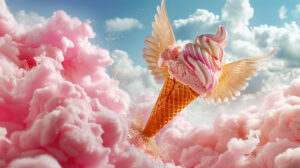 In the wallpaper a magical ice cream cone with wings soars through a sky adorned with fluffy cotton candy clouds