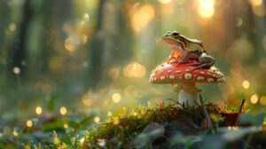 In the wallpaper a small frog perches atop a mushroom against a magical forest background illuminated by a soft glowing light
