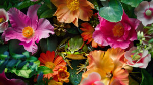 In the wallpaper titled Frog amidst vibrant flowers merging with lush garden view.jpg the frog seamlessly becomes part of the breathtaking garden backdrop