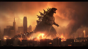 In this wallpaper Godzilla bellows amidst the cityscape toppling skyscrapers and setting the night ablaze with flames