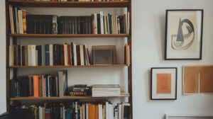 Minimalist bookshelf with neatly arranged books and a few art pieces against a white wall creating a stylish look. Wallpaper