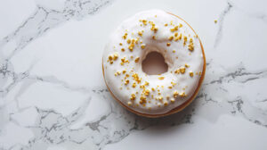 Minimalist wallpaper showcasing a solo donut adorned with white frosting and golden flakes set against a marble background