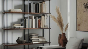 Minimalist white wallpaper displaying a tidy bookshelf with books and artwork