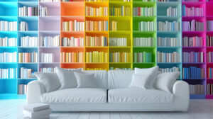 Modern bookshelf boasting sleek lines showcasing color organized books that form a vibrant rainbow effect to become a potential wallpaper