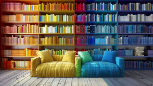 Modern bookshelf with clean lines stylishly arranges books by color forming a vibrant rainbow effect