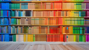 Modern bookshelf with sleek lines displaying books arranged by color to form a rainbow effect on the wallpaper