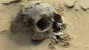 Partially buried in the ancient desert sand a weathered skull with a cracked appearance awaits discovery in old desert skull wallpaper.jpg