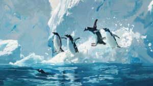 Penguins frolicking together leaping out of the water amid icebergs creating a splash cheers up your screen