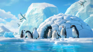 Penguins joyfully constructing an igloo with snow blocks in a fun team effort wallpaper.jpg