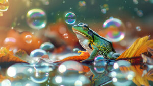 Playful frog blowing bubbles with floating bubbles reflecting light in wallpaper.jpg