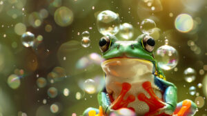 Playful frog creating bubbles surrounded by floating bubbles reflecting light in an outdoor setting. Photo title Bubbly Frog in Light