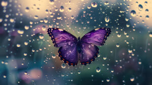 Purple butterfly encompassed by raindrops on a window against a blurred garden background.jpg