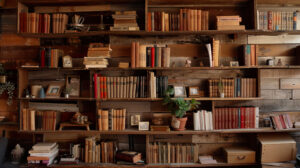 Rustic reclaimed wood bookshelf beautifully adorned with vintage books and charming knick knacks perfect as a wallpaper