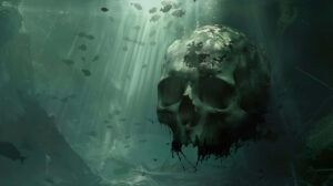 Skull immersed in deep water accompanied by fish and illuminated by light filtering through the waters surface available for wallpaper