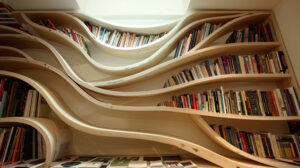 Spiral shaped whimsical bookshelf adorned with books stacked along its curves creates a captivating visual as wallpaper